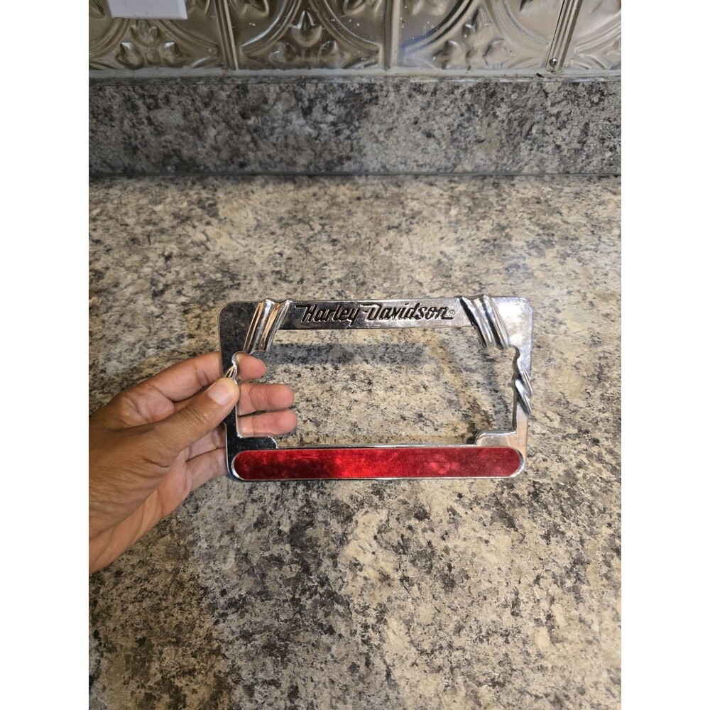 Harley-Davidson Motorcycle Chrome Script License Plate Frame Red Reflector